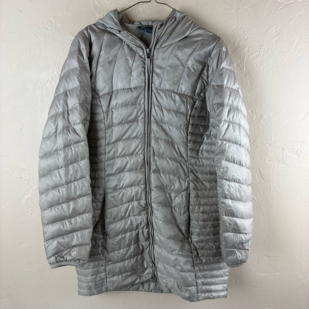 Eddie Bauer Tan Taupe Lightweight Puffer Jacket Hooded Long Down Women’s small